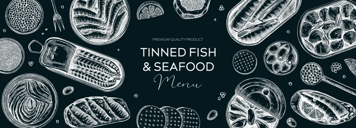 Tinned fish table design. Hand drawn seafood restaurant design in sketch style. Canned fish and shellfish on chalkboard. Vintage sardines, caviar, mackerel, tuna, mussels vector food illustrations